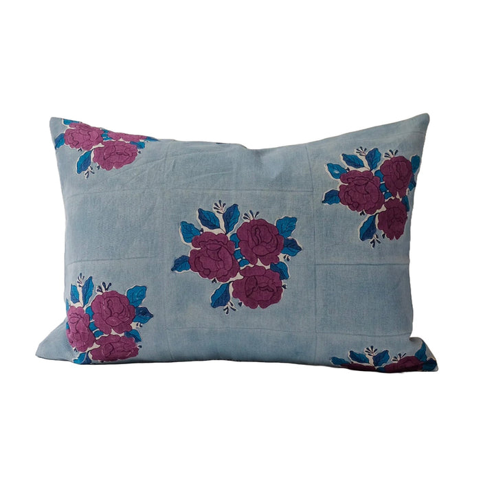 SARA BLUE - HAND  BLOCK-PRINTED LINEN PILLOW 14" x 20"