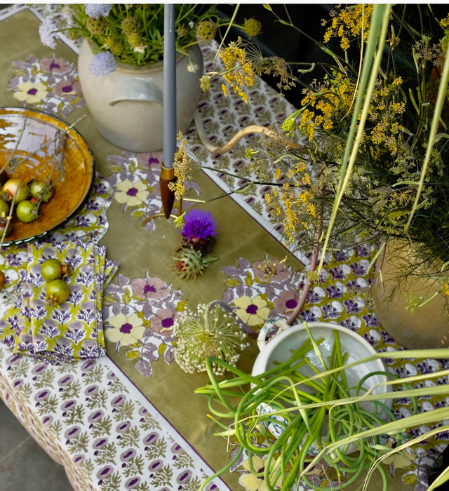 SOIL TO STUDIO: DIA- BLOCK PRINTED TABLE RUNNER MOSS 15" X 78"