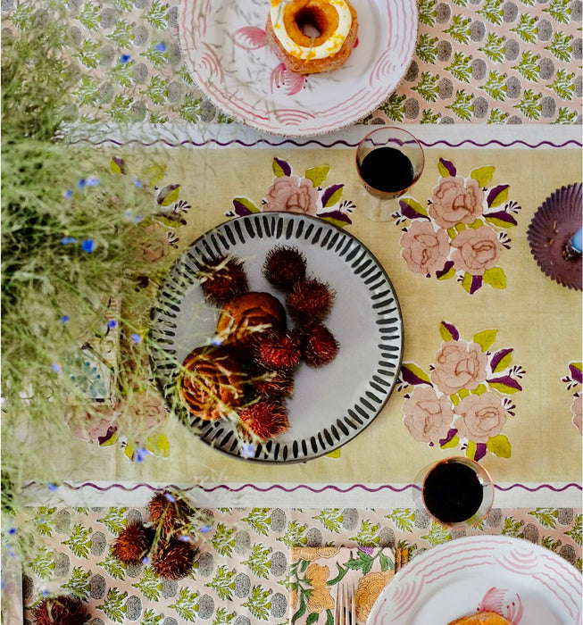 SOIL TO STUDIO: SONYA - HAND BLOCK-PRINTED TABLE CLOTH - ROSEWATER - 60"x 110"