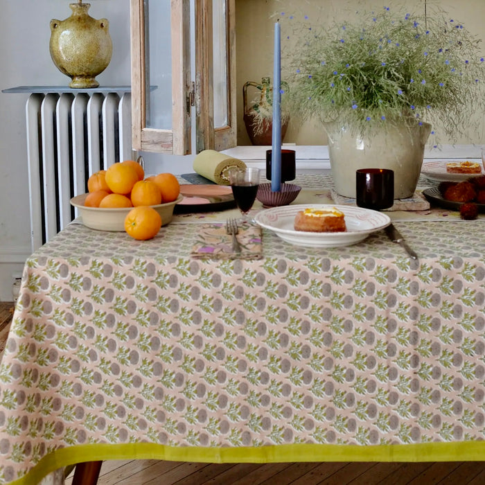 SOIL TO STUDIO: SONYA - HAND BLOCK-PRINTED TABLE CLOTH - ROSEWATER - 60"x 110"