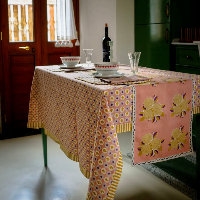 SOIL TO STUDIO: SARA GrAPEFRUIT PINK - BLOCK-PRINTED TABLERUNNER  15" X 78"