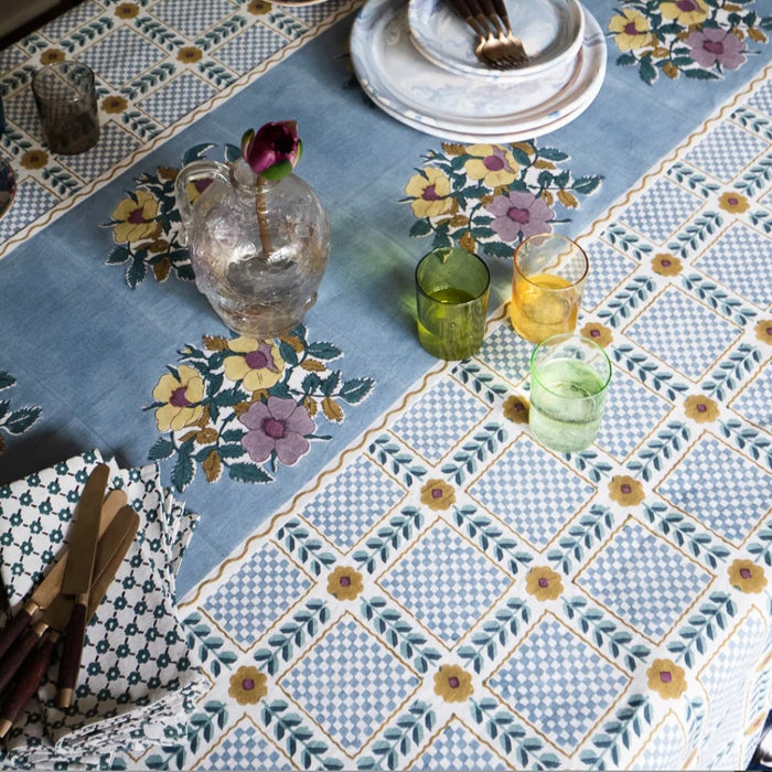 SOIL TO STUDIO: DIA BLUE - BLOCKPRINTED TABLERUNNER  15" X 78"